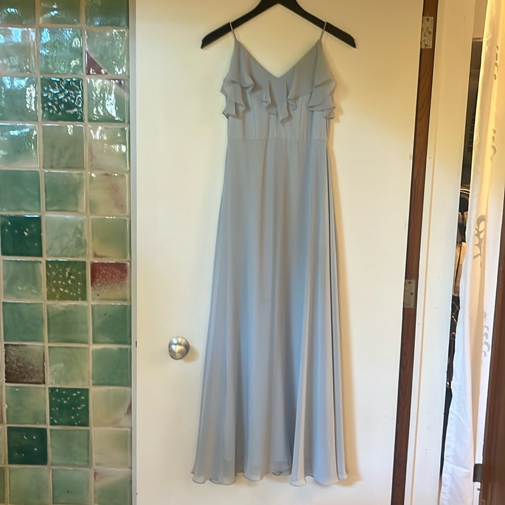 Dessy Collection Cold Shoulder Chiffon Flower Girl Dress Lt Blue Big Girl Sz 10